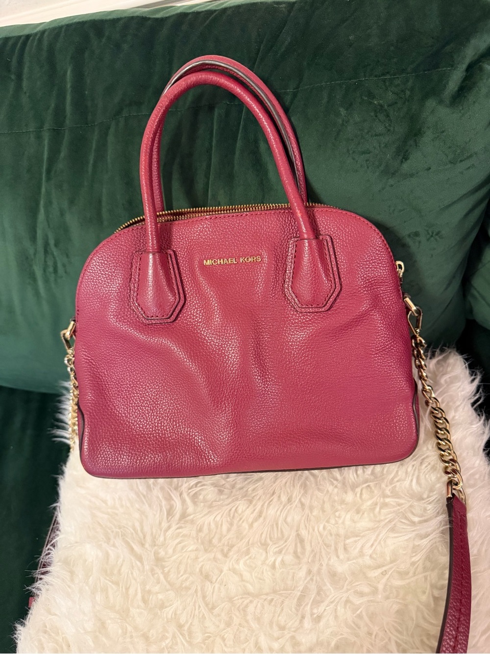 Michael Kors Magenta Pebbled Leather Satchel with Gold Hardware